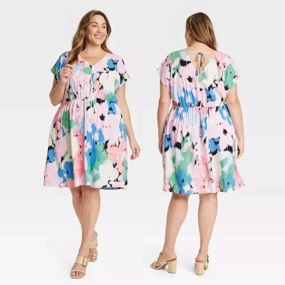 Ava & Viv Women's Short Sleeve V Neck Mini A-Line Dress Multi Floral 3X Plus - Picture 1 of 6